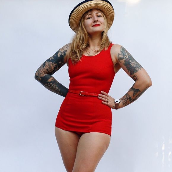 Vintage 60s 70s Retro One Piece Stretch Nylon Swimsuit Pin Up Mod Playsuit - Picture 2 of 9